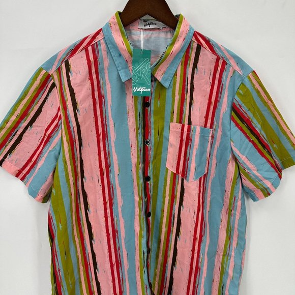Vatpave Shirt Mens Button Down Short Sleeve Striped Multicolor Pocket L NWT - Picture 3 of 9